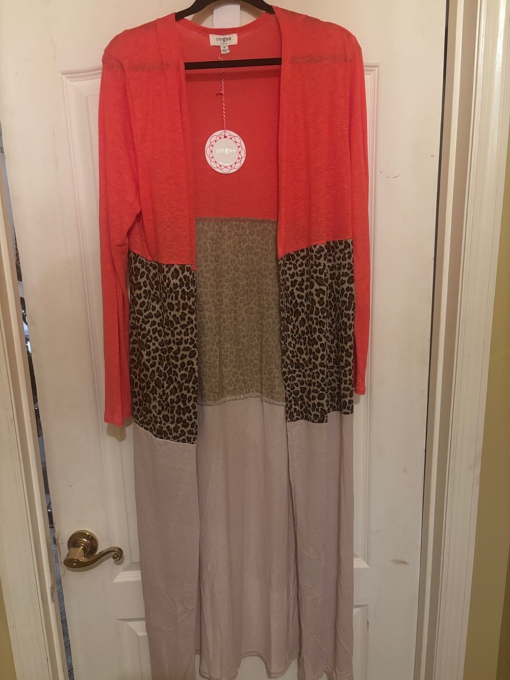 Umgee Coral and Leopard Colorblock Duster Cardigan